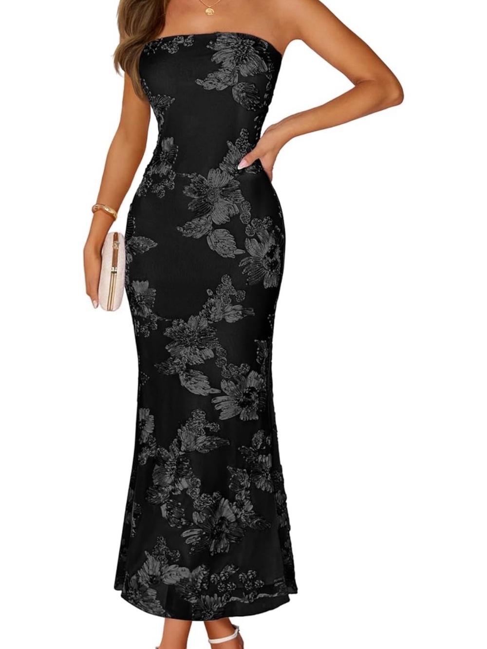 Strapless Floral Midi Dress in Black